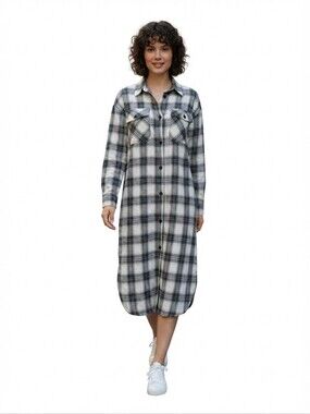 Kaffe Plaid Button-Down Midi Shirt Dress - Size XL Brown Blue White